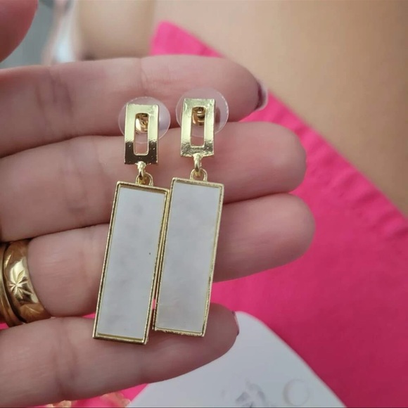 Geometric Rectangular White & Gold Drop Earrings | Minimalist Statement Jewelry - Picture 6 of 16